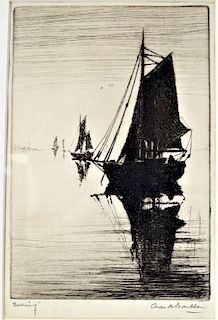 Signed Maritime Etching, "Evening"