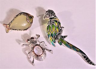 (3)Sterling Silver Brooches: Marcasite, Ruby, Opal