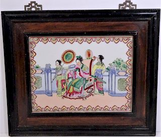 Framed Chinese Porcelain Plaque, Palace Scene