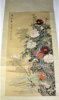 Signed Chinese Scroll Painting of Birds and Flowers
