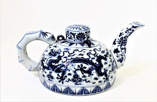 Chinese Blue & White Dragon Porcelain Teapot
