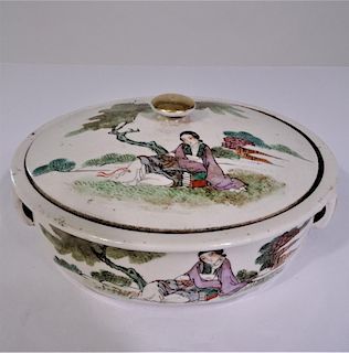 Chinese Scenic Calligraphy Lidded Dish