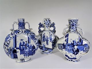 (3) Chinese Blue & White Moon Flask Vases