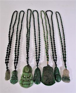 (7) Chinese Green Beaded Necklaces w Buddhist Amulets