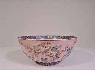 Large Chinese Pink Blue Jay Bowl, Marked