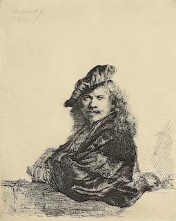 after REMBRANDT VAN RIJN (Dutch 1606-1669) A PRINT, "Self Portrait Leaning on a Stone Sill," AMSTERDAM, 20TH CENTURY,