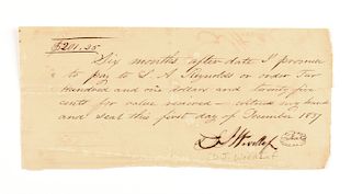 A REPUBLIC OF TEXAS PROMISSARY NOTE, J. DEVERAUX WOODLIEF (1806-1854) SIGNED AND DATED DECEMBER 1, 1837,