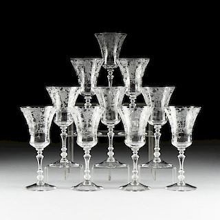 A SET OF ELEVEN ACID ETCHED LOBED WATER GOBLET STEMWARE, AMERICAN, FIRST HALF 20TH CENTURY,