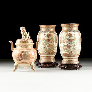 A GROUP OF THREE SATSUMA PARCEL GILT AND POLYCHROME PAINTED EARTHENWARES, SIGNED, MEIJI PERIOD (1868-1912),