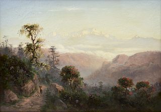 A HUDSON RIVER SCHOOL PAINTING, "Figure with Goats in Andean Landscape," 19TH CENTURY,