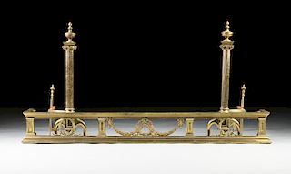 A PAIR OF FEDERAL STYLE POLISHED BRASS FIREPLACE ANDIRONS AND FENDER, 20TH CENTURY,
