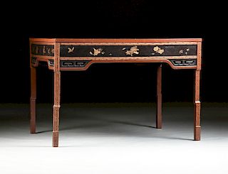 A JAPANESE PARCEL GILT BURN ORANGE AND BLACK LACQUERED CENTER TABLE, SIGNED, CIRCA 1920,