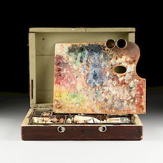 attributed to GEORGE BELLOWS (American 1882-1925) A PLEIN AIR ARTIST'S HAND PALETTE AND TRAVELING ART SUPPLY OAK BOX, FIRST HALF 20TH CENTURY,