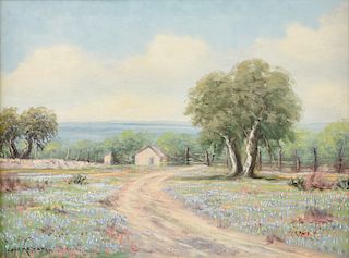 PEDRO LOZCANO (Mexican/Texas 1909-1973) A PAINTING, "Bluebonnets, Indian Paintbrushes and Cactus in Hill Country Landscape,"