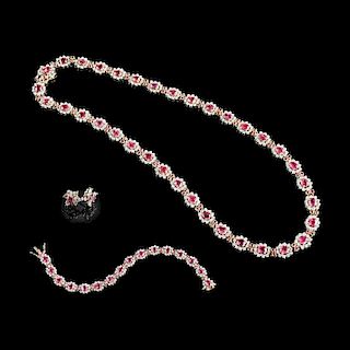 A 14K YELLOW GOLD, WHITE GOLD, RUBY, AND DIAMOND LADY'S NECKLACE, BRACELET, AND EARRINGS EN SUITE,