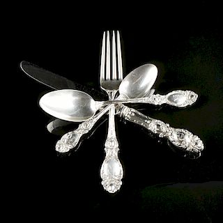 A FORTY-NINE PIECE R. WALLACE & SONS STERLING SILVER FLATWARE SERVICE, LUCERNE PATTERN, MARKED, EARLY 20TH CENTURY,