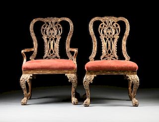 A SET OF EIGHT GEORGE II STYLE SILVER LEAF CARVED WOOD DINING CHAIRS, MODERN,