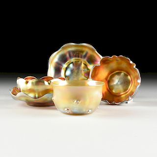 A FIVE PIECE GROUP OF LOUIS COMFORT TIFFANY IRIDESCENT GOLD FAVRILE GLASS BOWLS AND SAUCERS, EACH SIGNED, EARLY 20TH CENTURY,