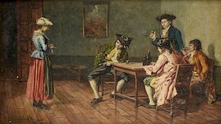 JOSÉ DE CALA Y MOYA (Spanish 1850-1891) A PAINTING, "Hombres Tomando Vino (Men Drinking Wine)," 1881,