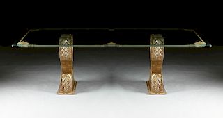 A HOLLYWOOD REGENCY STYLE GILT ETCHED GLASS TOP DUAL PEDESTAL DINING TABLE, MODERN,