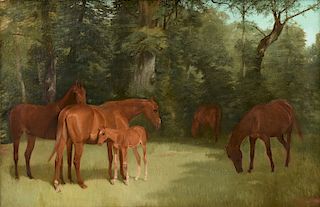 AMERICAN SCHOOL (19TH/20TH CENTURY) A PAINTING, "Sire and Dam Thoroughbreds with Foal in Pasture,"