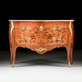 A LOUIS XV STYLE MARBLE TOPPED AND GILT BRONZE MOUNTED BOIS DE BOUT MARQUETRY BOMBÉ COMMODE, LATE 19TH/EARLY 20TH CENTURY,