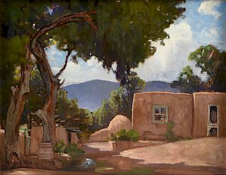 CARL REDIN (American 1892-1944) A PAINTING, "Adobe Homestead,"