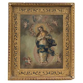 IMMACULATE VIRGIN WITH LAURETAN INSTRUMENTS. MEXICO 19TH CENTURY. Oil on canvas.