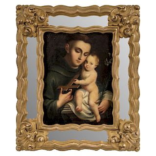 SAINT ANTHONY OF PADUA. MEXICO, 19TH CENTURY. Oil on canvas. Golden wood frame with mirror details.