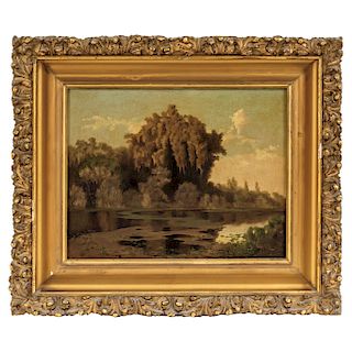 SIGNED "EIMERMAN". END OF THE 19TH CENTURY. FOREST LANDSCAPE WITH LAKE. Oil on canvas. Signed. Golden wood frame. 