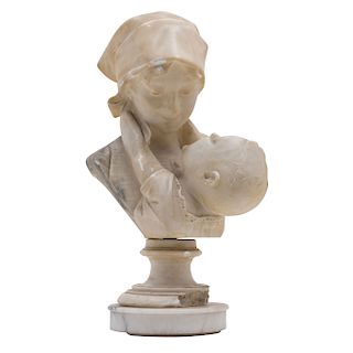 EMILIO FIASCHI (ITALY 1858 - 1941). PEASANT WITH CHILD. Sculpture in alabaster with floral details. Signed. 