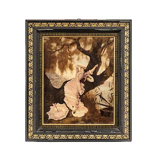 LADY SCENE WITH TREE. 19TH CENTURY. French school. Oil on wood. Golden ebonized wood frame.