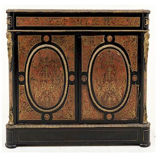 COMMODE. FRANCE, CIRCA 1900. Napoleon III Style, Boulle Style. Ebonized wood frame, bronze and tortoiseshell type. Marble cover. 