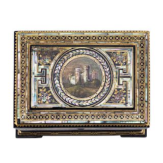 TEA BOX. ENGLAND, 19TH CENTURY. Victorian Style, Grand Tour. Ebonized wood, golden enamel and mother-of-pearl details. 