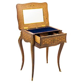 SEWING KIT TABLE. FRANCE, CIRCA 1900. Empire Style. Wood veneer and bronze details.  