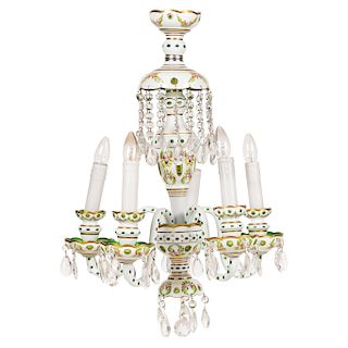 CHANDELIER. CZECHOSLOVAKIA, 20TH CENTURY. OVERLAY crystal in white and green, with floral motifs painted by hand and glass ear pendants. 