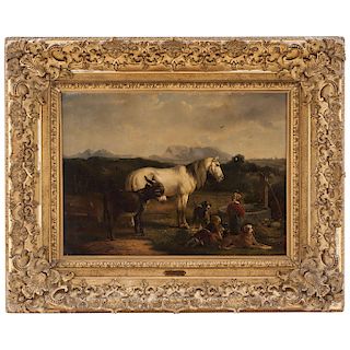 LEOPOLD DE CAUWER (GERMANY, CIRCA 1839 - CIRCA 1891). NEXT TO THE WATERING HOLE. Oil on canvas. Signed. 