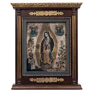 VIRGIN OF GUADALUPE. MEXICO, BEGINNING OF THE 20TH CENTURY. Oil on canvas. With musician angels. 