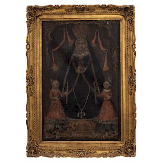 THE VIRGIN OF THE ROSARY. 18TH CENTURY. Oaxaca School. Oil on canvas. With golden details. 