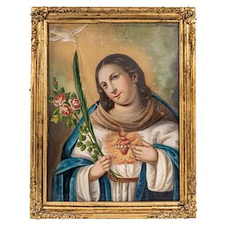 IMMACULATE HEART OF MARY. MEXICO, 19TH CENTURY. Oil on canvas. With the Holy Spirit. 