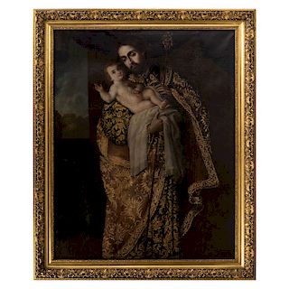 SAINT JOSEPH WITH CHILD. GUATEMALA, 18TH CENTURY. Oil on canvas. With golden motifs. 