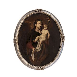 SAINT JOSEPH WITH CHILD. MEXICO, END OF THE 19TH CENTURY. Oil on canvas adhered to wood. 
