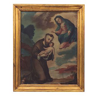 SIGNED "CANO". SAINT FRANCIS WITH THE VIRGIN AND JESUS CHILD IN ARMS. MEXICO, BEGINNING OF THE 19TH CENTURY. Oil on canvas. 
