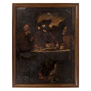 AFTER FRANCISCO DE ZURBARÁN  (SPAIN, 1598-1664), SUPPER AT EMMAUS. MEXICO, 18TH CENTURY. Oil on canvas, adhered to wood. Illegible signature and dated