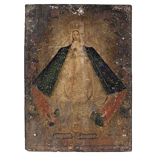 THE VIRGIN OF THE ROSARY. 18TH CENTURY. Oil on zinc blade. 