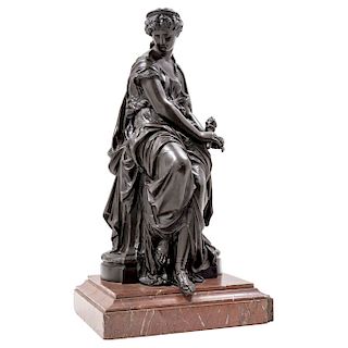 HYPPOLYTE FRANCOIS MOREAU (FRANCE, 1861-1806). LADY WITH TORCH. Antimony with patina. Marble base. Signed.