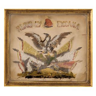 COAT OF ARMS OF THE MEXICAN REPUBLIC. MEXICO, 19TH CENTURY. Feather work. With dedication.