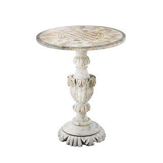 SIDE TABLE. ITALY, FIRST HALF OF THE 20TH CENTURY. Marble mosaic. Golden base with acanthus. Chess board surface.