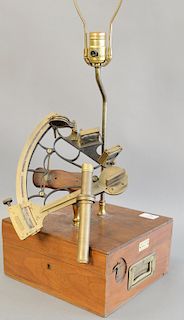 Brass bell pattern Mark III sextant with original box made into table lamp. sextant ht. 5 1/2 in., total ht. 30 in.