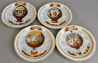 Set of four Paris porcelain plates having hand painted historically important hot air balloon ascensions. dia. 9 1/2 in.